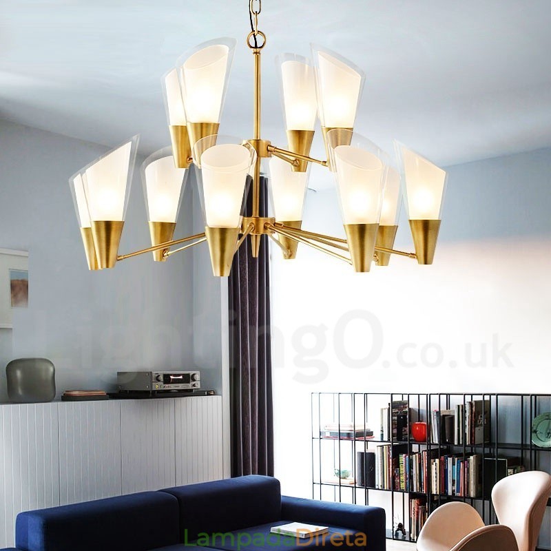 Lustre de pingente de latão luxuoso retrô rústico de 12 luzes com cúpula de vidro