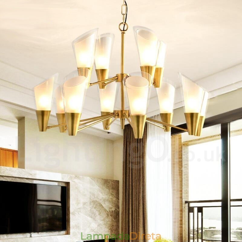Lustre de pingente de latão luxuoso retrô rústico de 12 luzes com cúpula de vidro