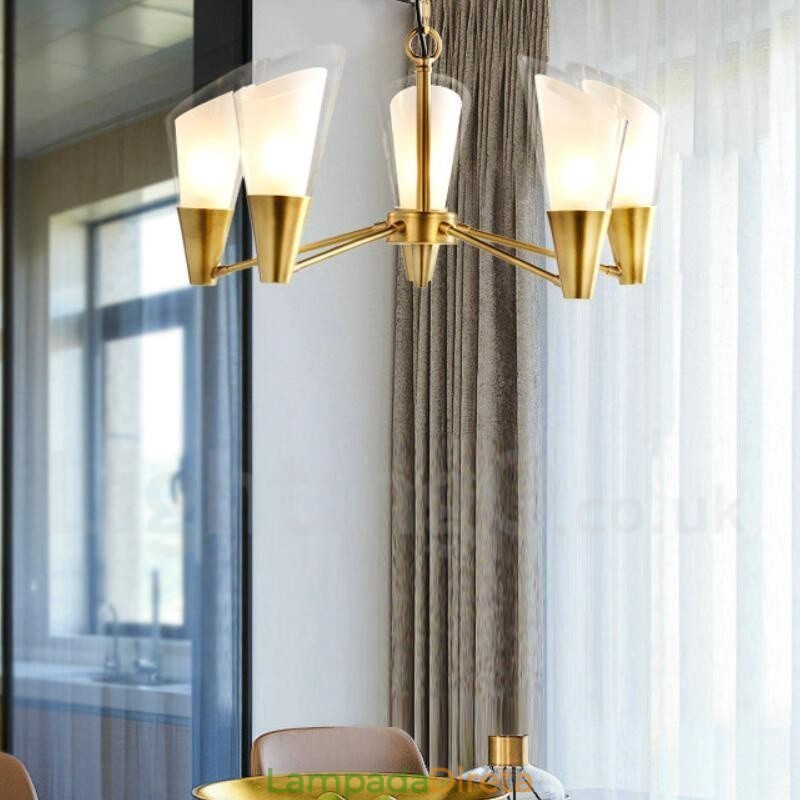 5 Luz Retro Rústico Luxo Latão Pendente Lâmpada Lustre com Sombra de Vidro