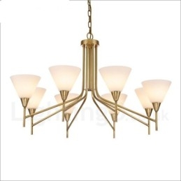Lustre de pingente de latão luxuoso retrô rústico de 8 luzes com cúpula de vidro
