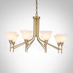 Lustre de pingente de latão luxuoso retrô rústico de 8 luzes com cúpula de vidro