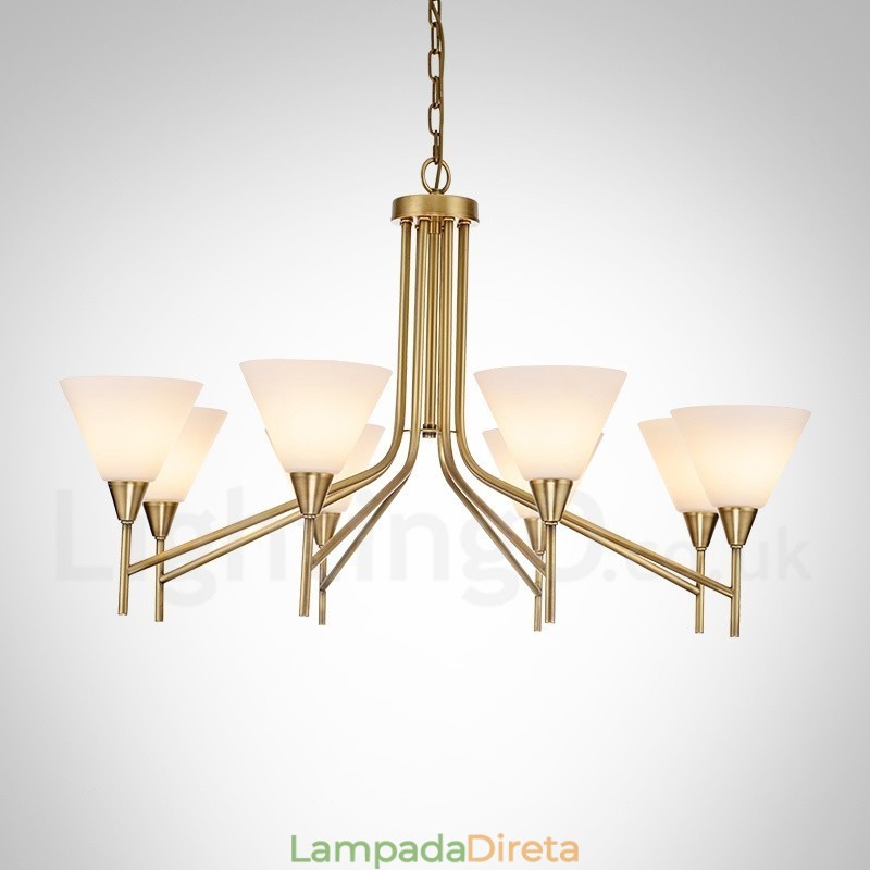 Lustre de pingente de latão luxuoso retrô rústico de 8 luzes com cúpula de vidro