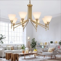 Lustre de pingente de latão luxuoso retrô rústico de 8 luzes com cúpula de vidro