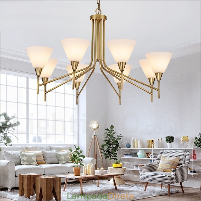 Lustre de pingente de latão luxuoso retrô rústico de 8 luzes com cúpula de vidro