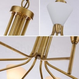 Lustre de pingente de latão luxuoso retrô rústico de 8 luzes com cúpula de vidro