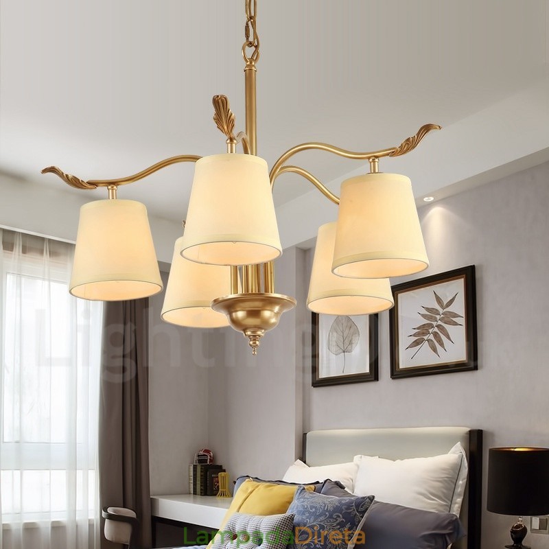 5 Luz Retro Rústico Luxo Latão Pendente Lâmpada Lustre com Tecido Sombra