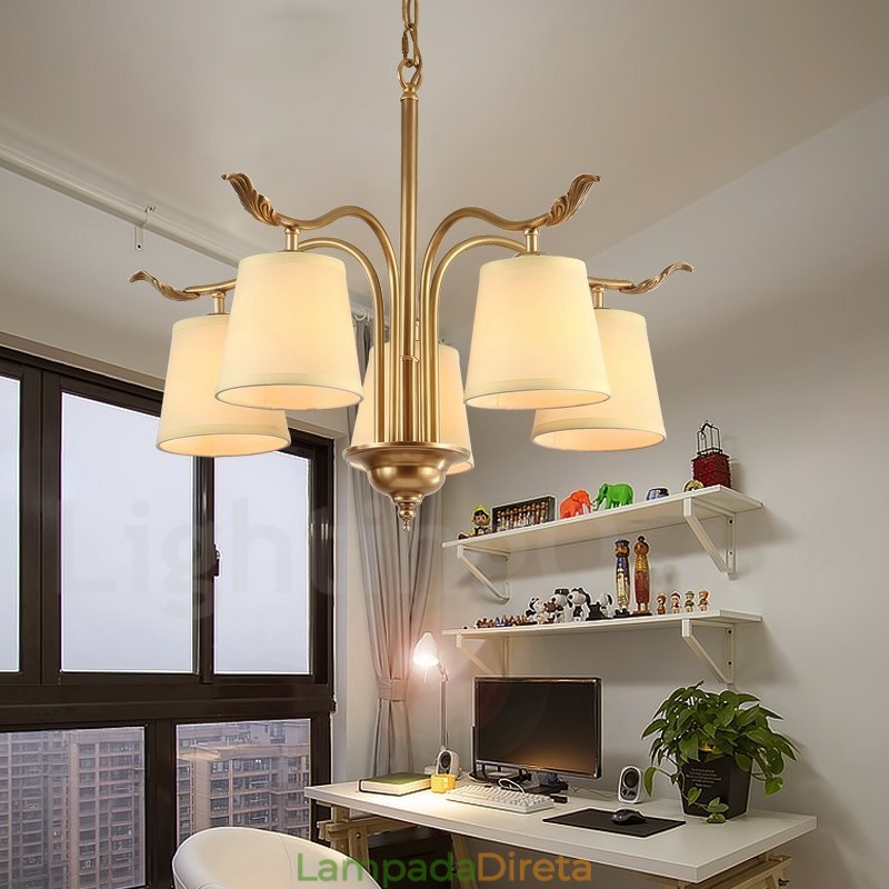 5 Luz Retro Rústico Luxo Latão Pendente Lâmpada Lustre com Tecido Sombra
