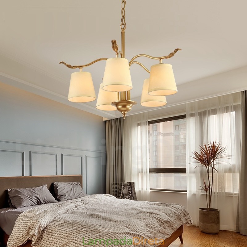 5 Luz Retro Rústico Luxo Latão Pendente Lâmpada Lustre com Tecido Sombra