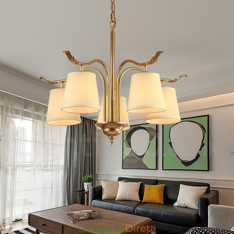 5 Luz Retro Rústico Luxo Latão Pendente Lâmpada Lustre com Tecido Sombra