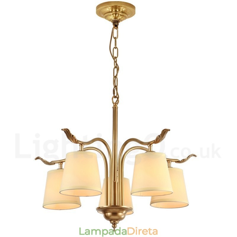5 Luz Retro Rústico Luxo Latão Pendente Lâmpada Lustre com Tecido Sombra