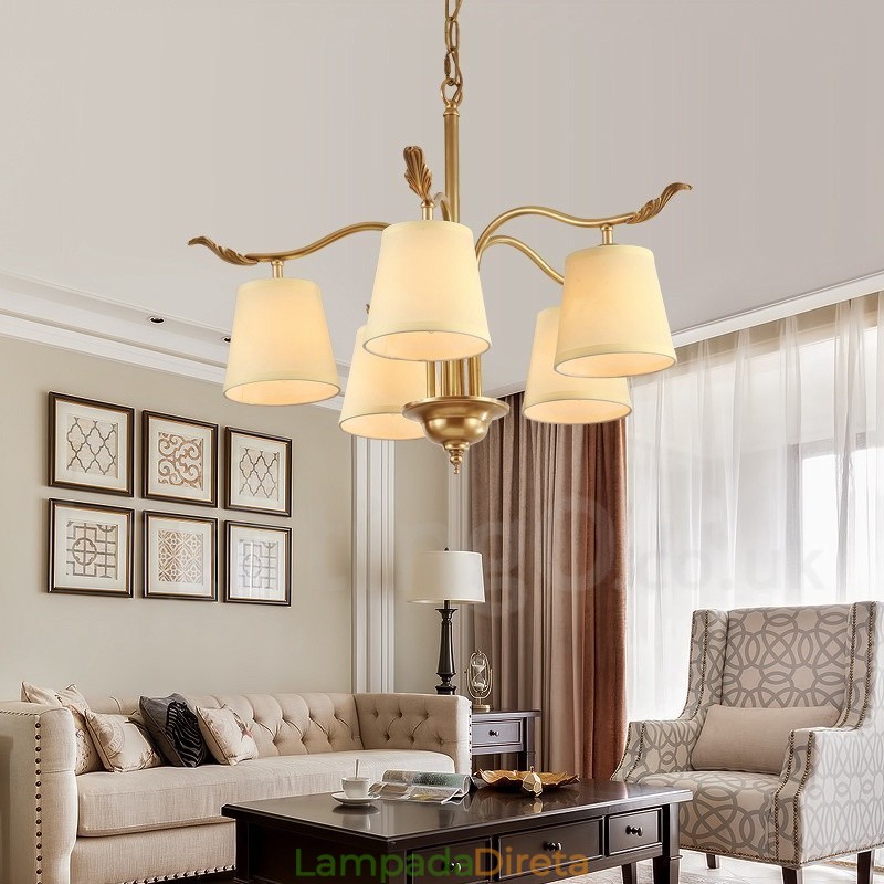 5 Luz Retro Rústico Luxo Latão Pendente Lâmpada Lustre com Tecido Sombra