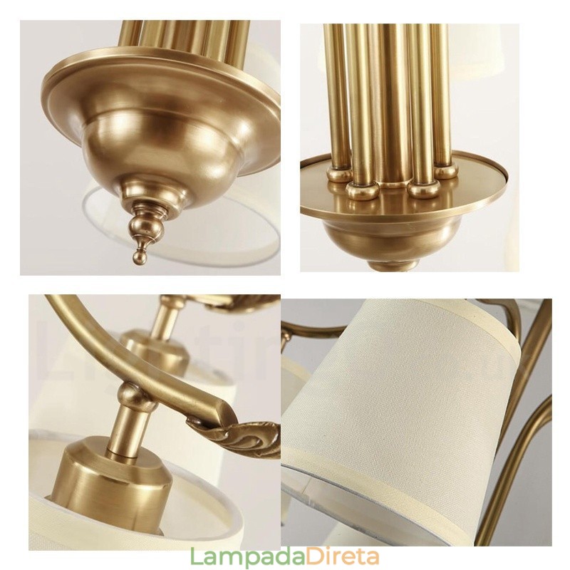 5 Luz Retro Rústico Luxo Latão Pendente Lâmpada Lustre com Tecido Sombra