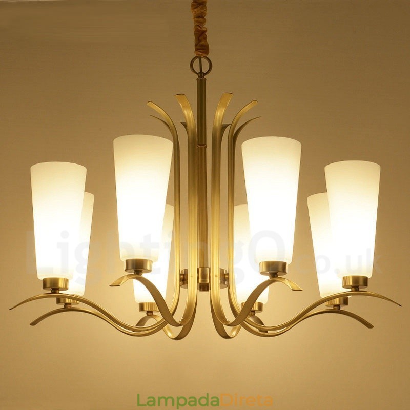 Lustre de pingente de latão luxuoso retrô rústico de 8 luzes com cúpula de vidro
