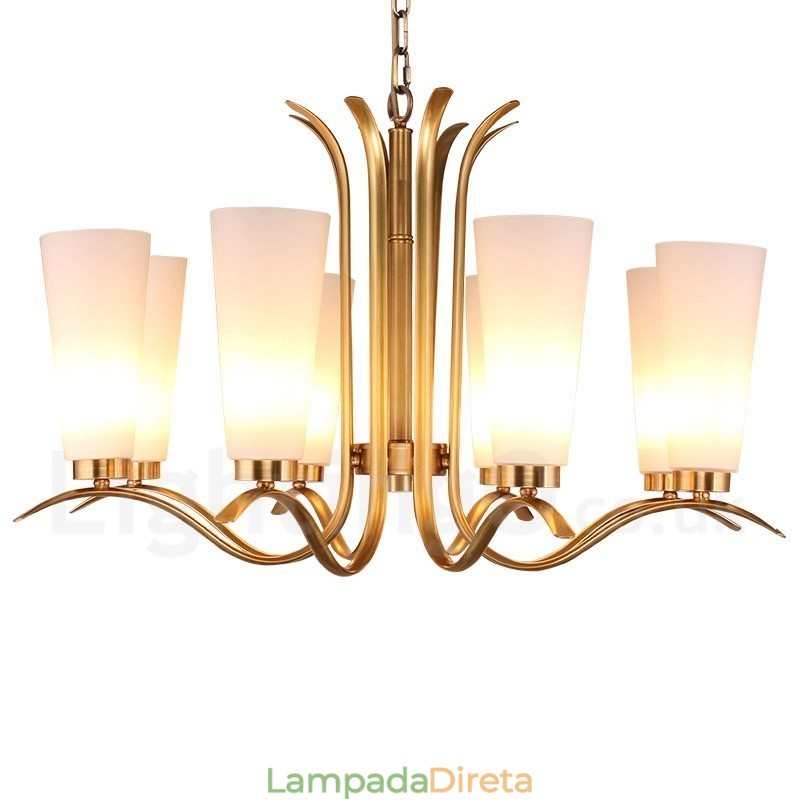 Lustre de pingente de latão luxuoso retrô rústico de 8 luzes com cúpula de vidro