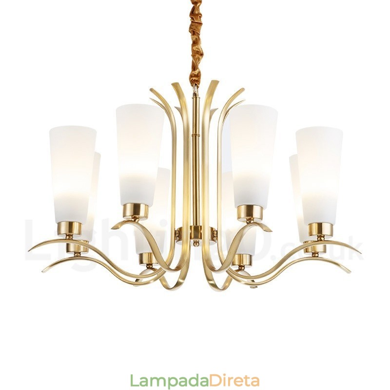 Lustre de pingente de latão luxuoso retrô rústico de 8 luzes com cúpula de vidro