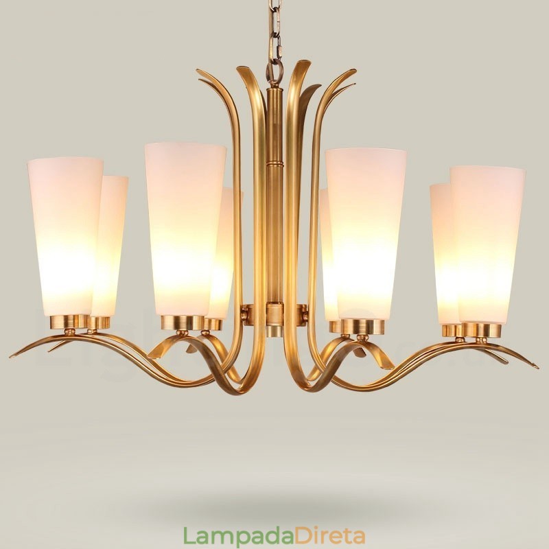 Lustre de pingente de latão luxuoso retrô rústico de 8 luzes com cúpula de vidro