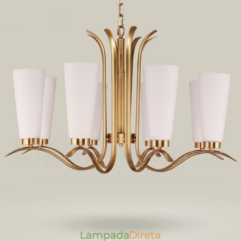 Lustre de pingente de latão luxuoso retrô rústico de 8 luzes com cúpula de vidro