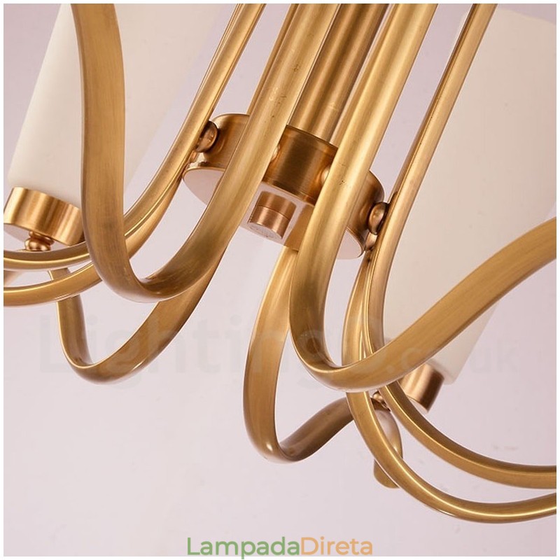 Lustre de pingente de latão luxuoso retrô rústico de 8 luzes com cúpula de vidro