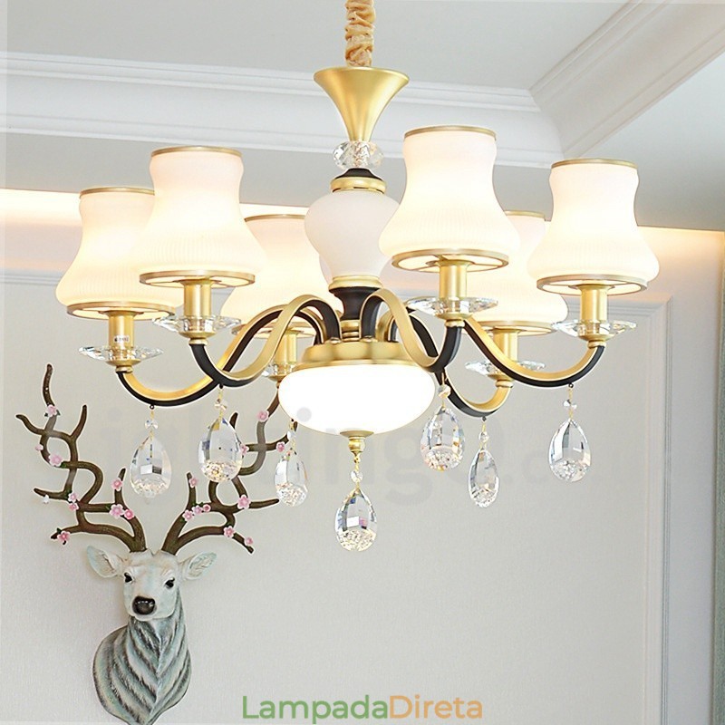 Lustre de cristal de luxo retrô rústico de 6 luzes com cúpula de vidro