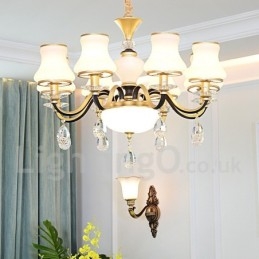 8 Luz Retro Rústico Luxo Cristal Pendente Lâmpada Lustre com Sombra de Vidro