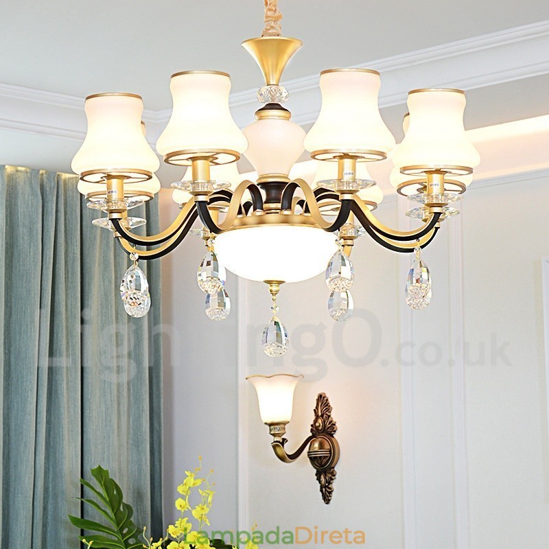 8 Luz Retro Rústico Luxo Cristal Pendente Lâmpada Lustre com Sombra de Vidro