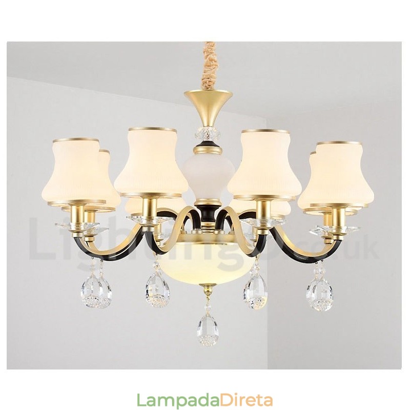 8 Luz Retro Rústico Luxo Cristal Pendente Lâmpada Lustre com Sombra de Vidro