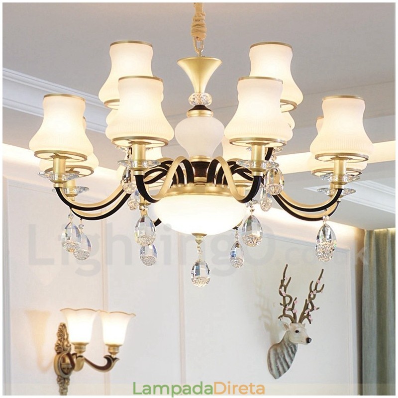 Lustre de cristal de luxo retrô rústico de 12 luzes com cúpula de vidro