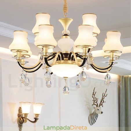 Lustre de cristal de luxo retrô rústico de 12 luzes com cúpula de vidro Lustre de cristal de luxo retrô rústico de 12 luzes com cúpula de vidro