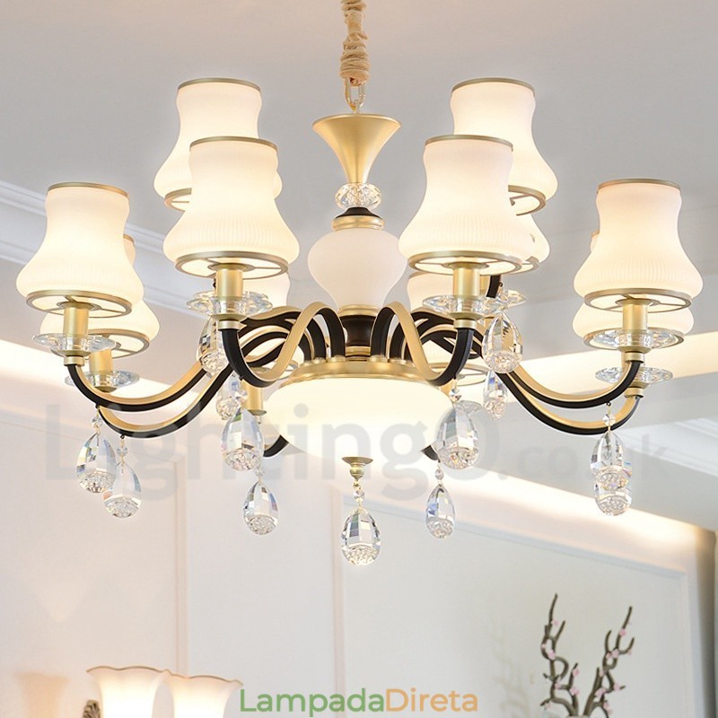 Lustre de cristal de luxo retrô rústico de 12 luzes com cúpula de vidro