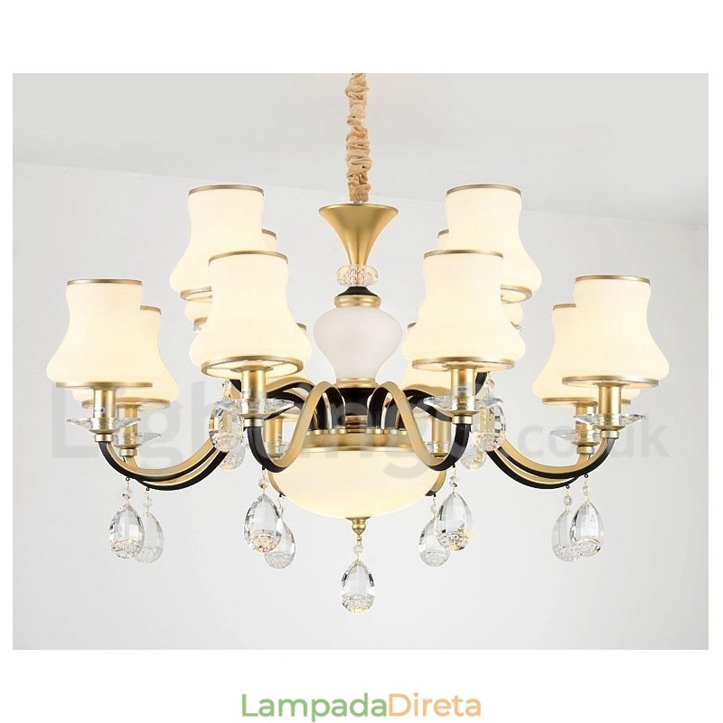 Lustre de cristal de luxo retrô rústico de 12 luzes com cúpula de vidro