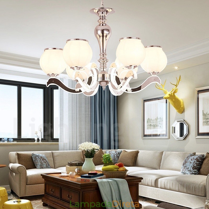 Lustre moderno e contemporâneo de luxo com 6 luzes e cúpula de vidro