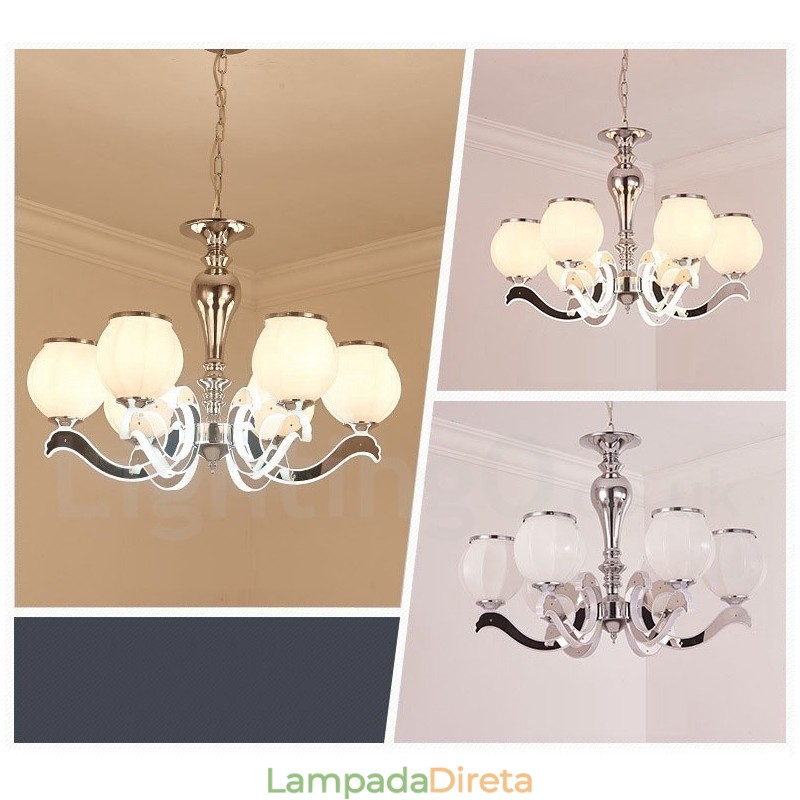 Lustre moderno e contemporâneo de luxo com 6 luzes e cúpula de vidro
