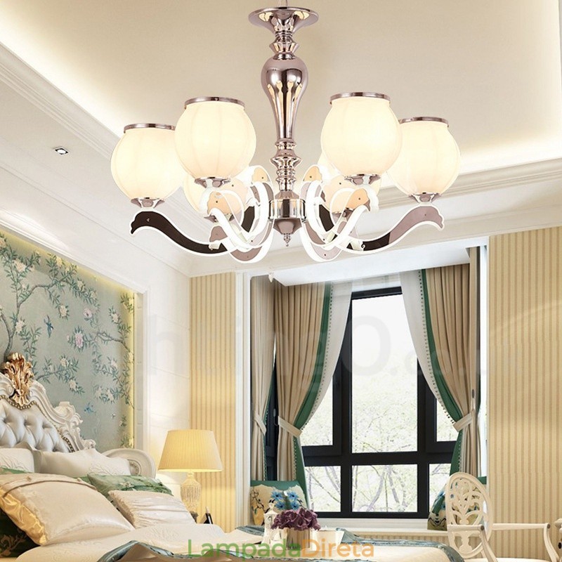 Lustre moderno e contemporâneo de luxo com 6 luzes e cúpula de vidro