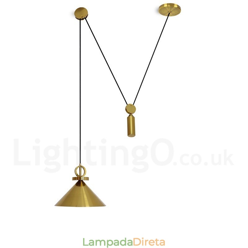 Luminária pendente estilo nórdico moderno contemporâneo de cobre puro, luminária de teto de latão com elevação e queda