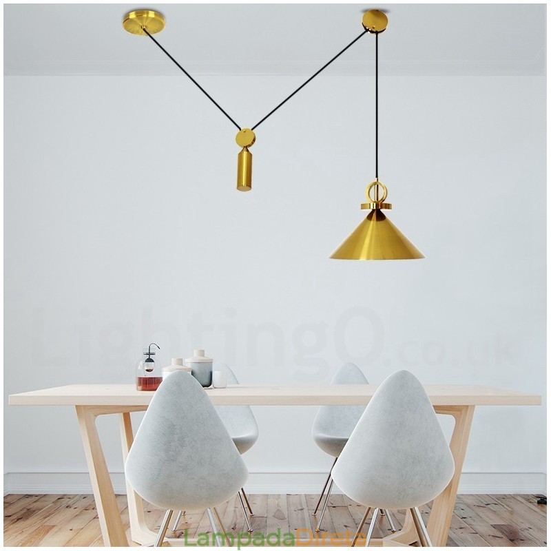 Luminária pendente estilo nórdico moderno contemporâneo de cobre puro, luminária de teto de latão com elevação e queda