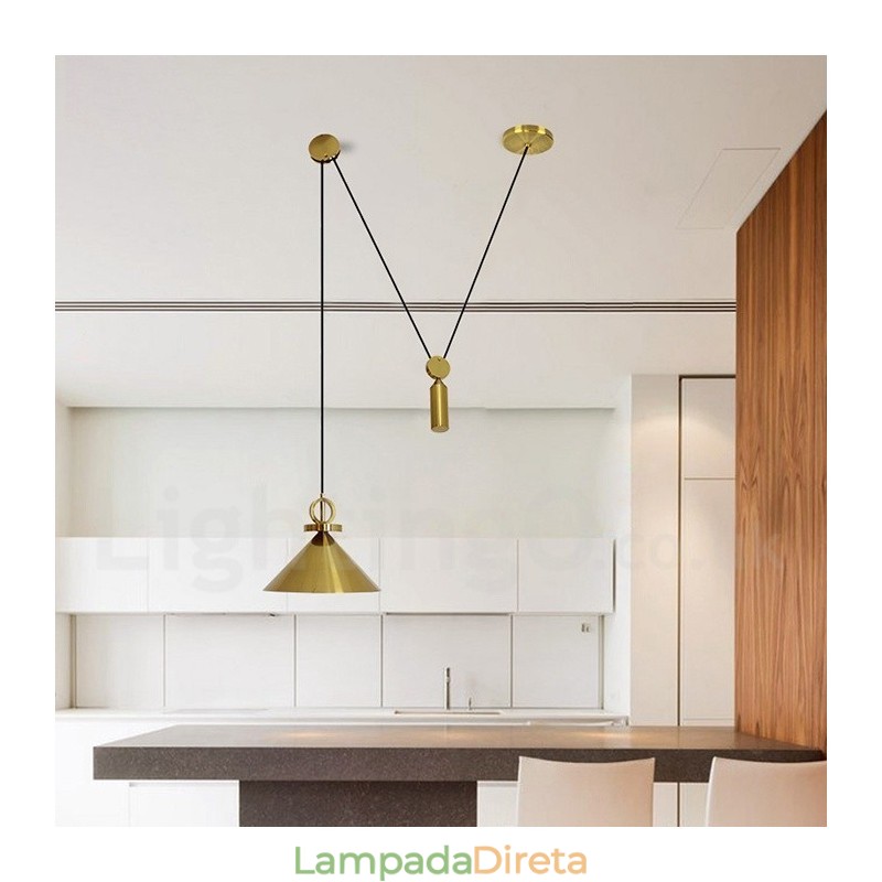 Luminária pendente estilo nórdico moderno contemporâneo de cobre puro, luminária de teto de latão com elevação e queda