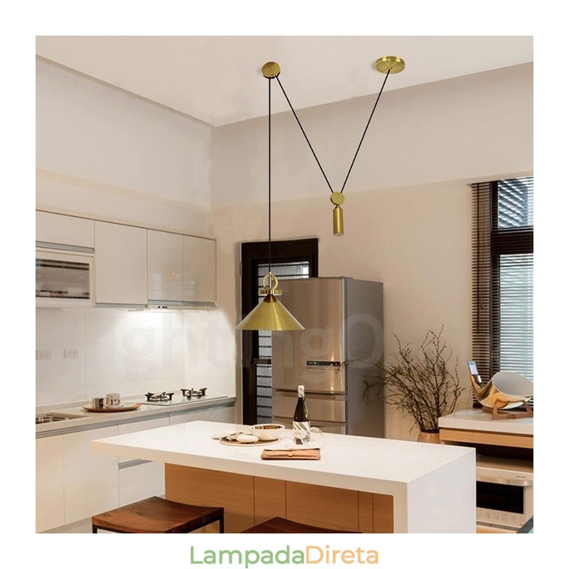 Luminária pendente estilo nórdico moderno contemporâneo de cobre puro, luminária de teto de latão com elevação e queda