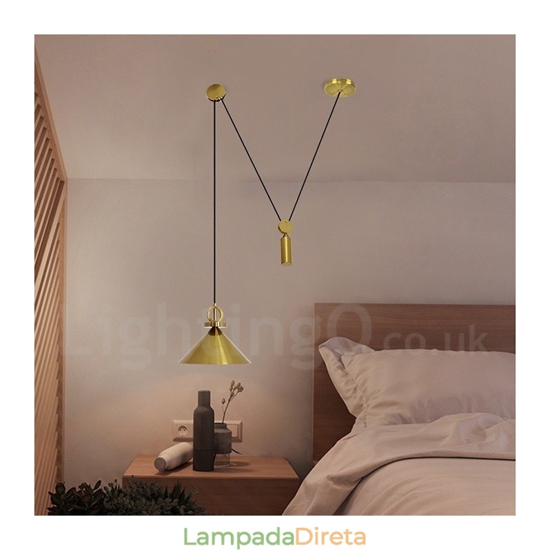 Luminária pendente estilo nórdico moderno contemporâneo de cobre puro, luminária de teto de latão com elevação e queda