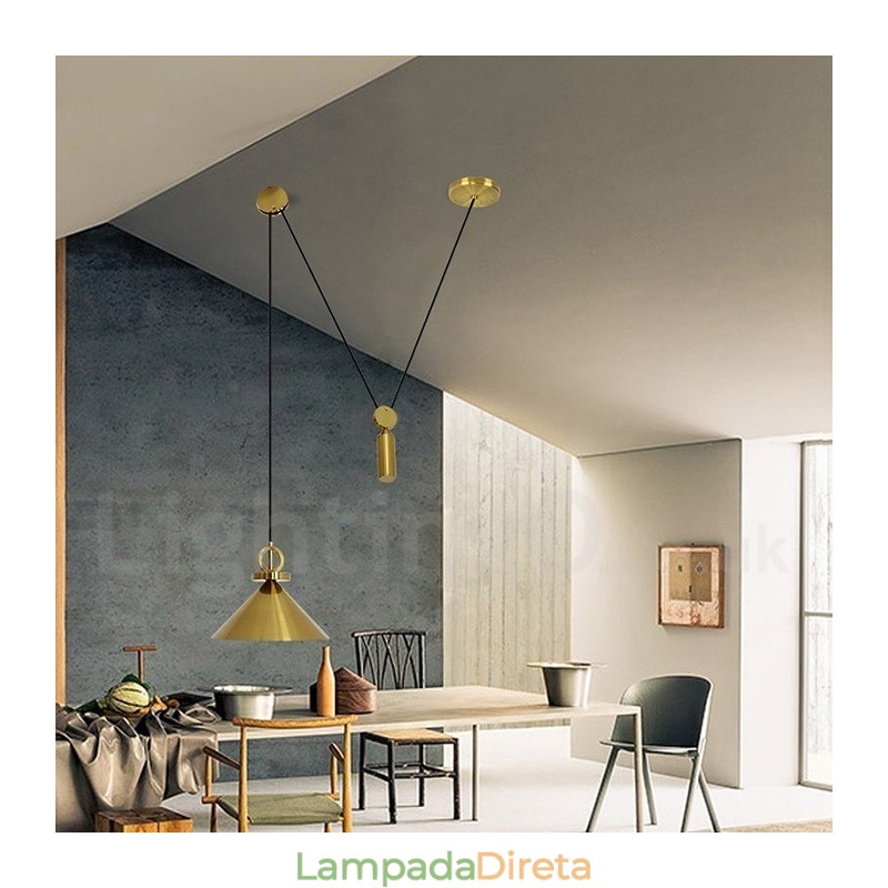 Luminária pendente estilo nórdico moderno contemporâneo de cobre puro, luminária de teto de latão com elevação e queda