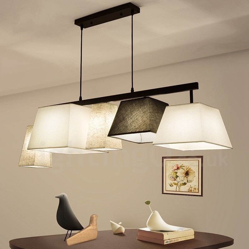 Luminária pendente moderna contemporânea de aço com 5 luzes e cúpula de tecido