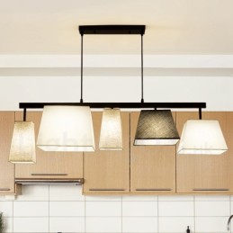 Luminária pendente moderna contemporânea de aço com 5 luzes e cúpula de tecido