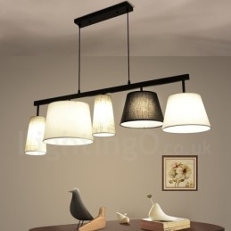 Luminária pendente moderna contemporânea de aço com 5 luzes e cúpula de tecido