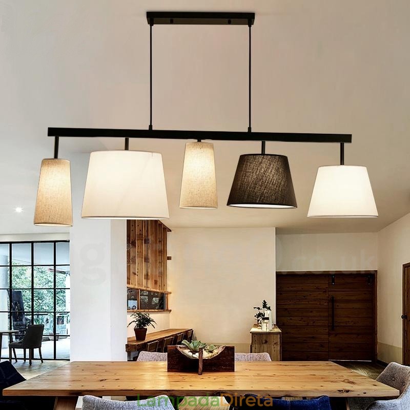 Luminária pendente moderna contemporânea de aço com 5 luzes e cúpula de tecido