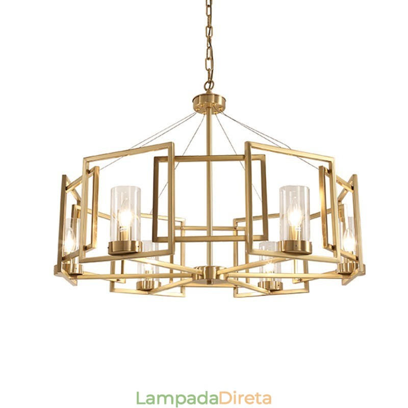 Luminária pendente moderna contemporânea de latão com 6 luzes e cúpula de vidro