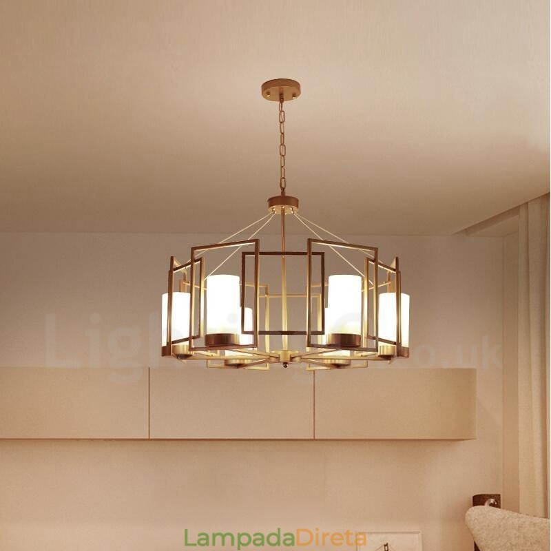 Luminária pendente moderna contemporânea de latão com 6 luzes e cúpula de vidro