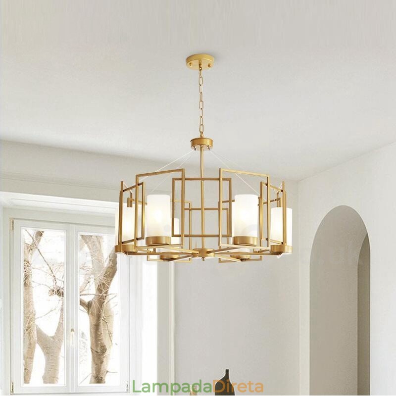 Luminária pendente moderna contemporânea de latão com 6 luzes e cúpula de vidro