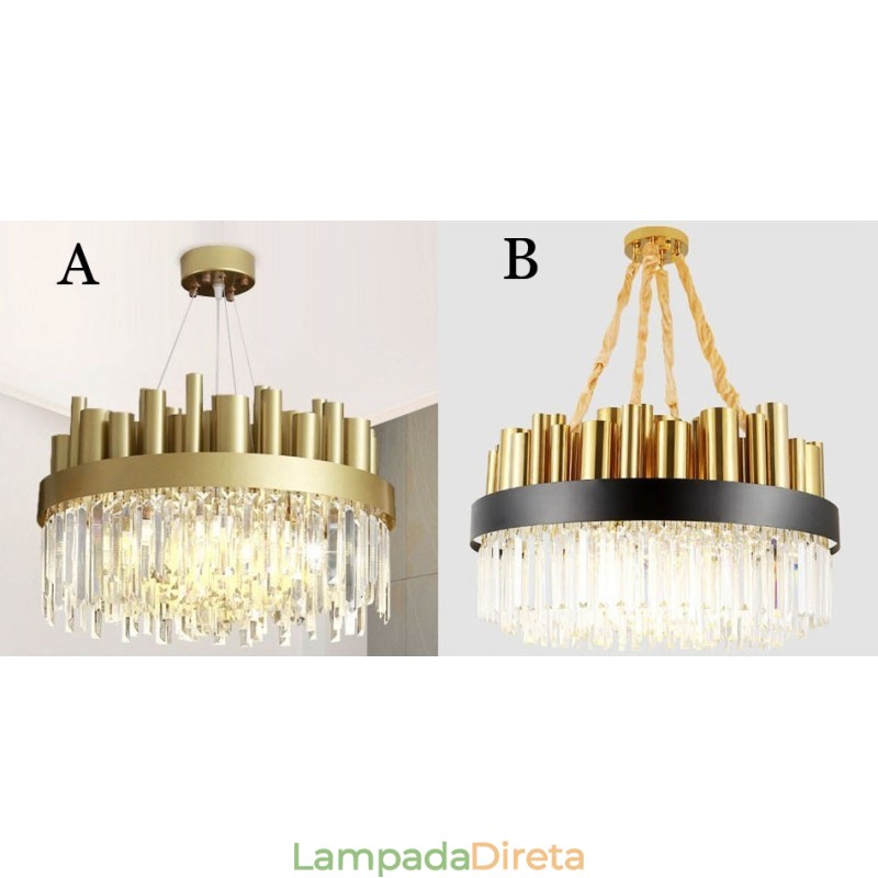 Luminária pendente moderna contemporânea de aço com 16 luzes e cúpula de cristal