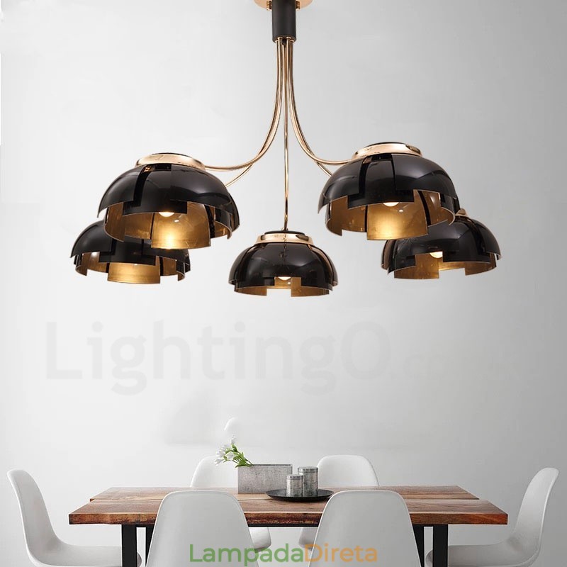 Lustre moderno contemporâneo de aço com 5 luzes e cúpula de acrílico