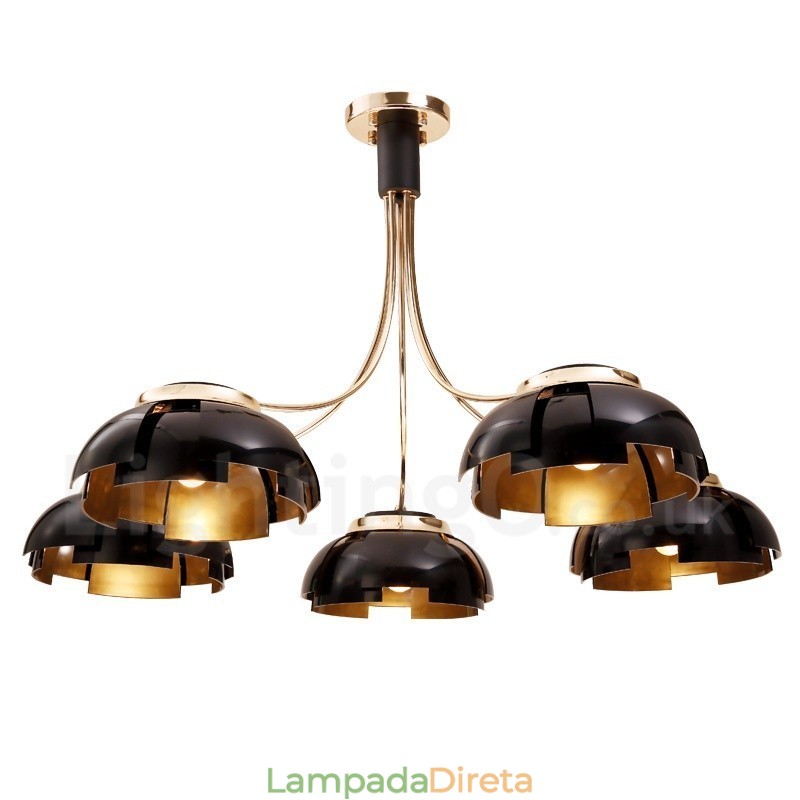 Lustre moderno contemporâneo de aço com 5 luzes e cúpula de acrílico