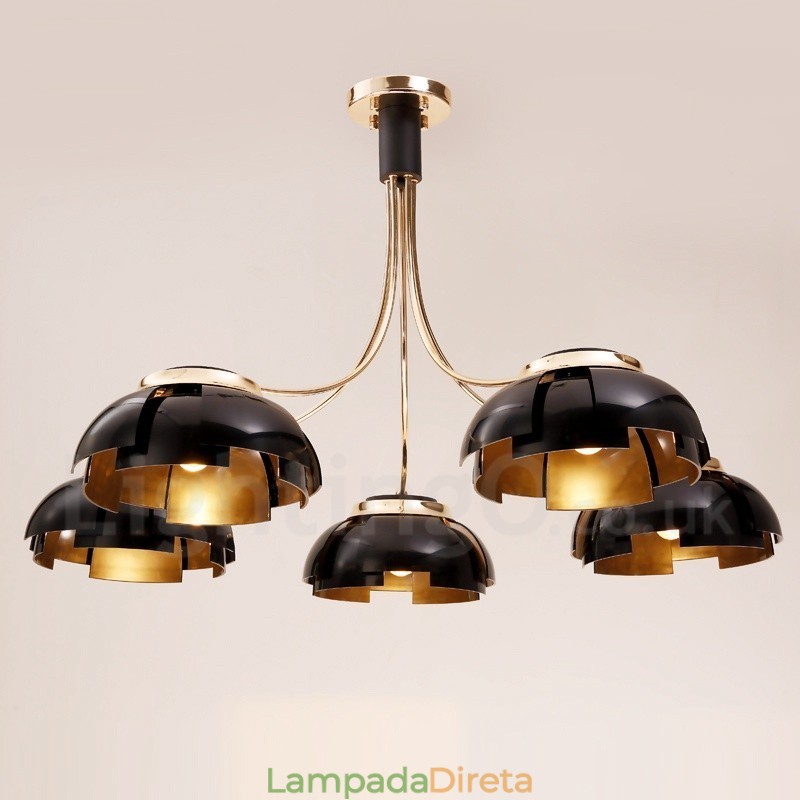 Lustre moderno contemporâneo de aço com 5 luzes e cúpula de acrílico